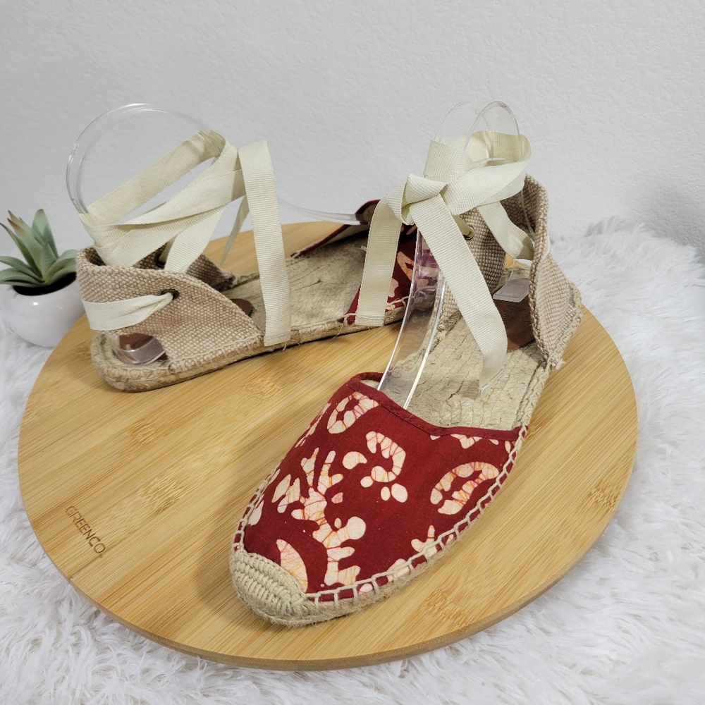 SOLUDOS x WREN Batik red ankle tie open heel boho summer espadrille sandals